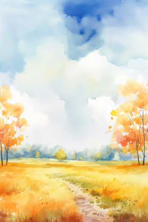 Simple watercolor autumn landscape scenery. Beautiful nature fall season countryside rural background. Peaceful and idyllic environment.の素材