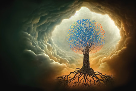 Beautiful tree of life, mythological sacred tree, spiritual healing life concept. Personal individuality, prosperity and growth concept. Generative AIの素材