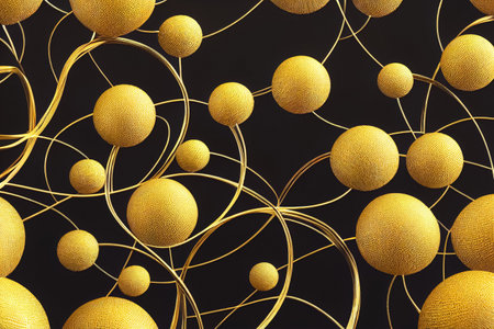 Decorative design with metallic flowers made of filigree gold wire on black background. Abstract luxury floral jewellery ornaments. Generative AIの素材