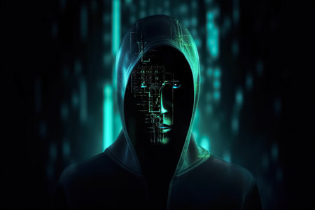 Unknown hacker hiding face in mask on cyber background. Internet, compyter system, cyberspace and data security concept. Generative AI.の素材