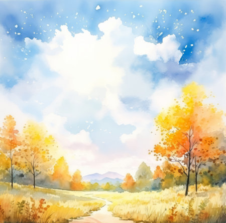 Simple watercolor autumn landscape scenery. Beautiful nature fall season countryside rural background. Peaceful and idyllic environment.の素材