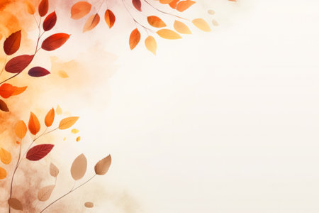 Simple aesthetic autumn inspired autumn watercolor background with leaves and nature elements. Beautiful fall seasonal backdrop with copy free space.の素材