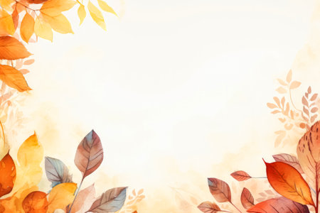 Simple aesthetic autumn inspired autumn watercolor background with leaves and nature elements. Beautiful fall seasonal backdrop with copy free space.の素材