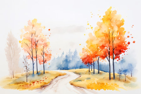 Simple watercolor autumn landscape scenery. Beautiful nature fall season countryside rural background. Peaceful and idyllic environment.の素材