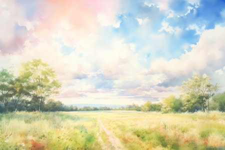 Simple watercolor autumn landscape scenery. Beautiful nature fall season countryside rural background. Peaceful and idyllic environment.の素材