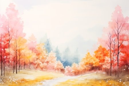 Simple watercolor autumn landscape scenery. Beautiful nature fall season countryside rural background. Peaceful and idyllic environment.の素材