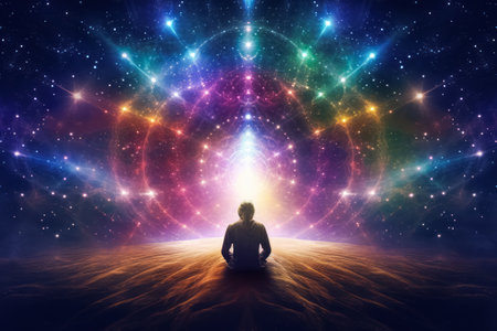 Illustration of spiritual meditation, cosmic energy, inner harmony, transcendental experience, healing, esotheric concept.の素材