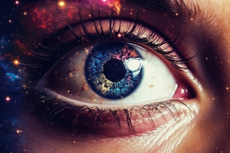 Surreal illustration of eye of universe. Galaxy vision. All-seeing eye, cosmic order, spiritual guidance, celestial protection concept.の素材