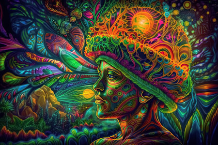 Ayahuasca experience, spiritual hallucinations surreal illustration. Trippy psychedelic visions background. Generative AI.の素材