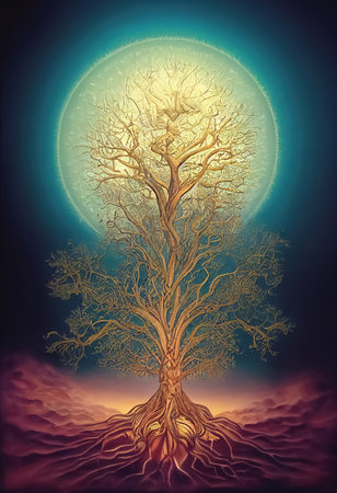 Beautiful tree of life, mythological sacred tree, spiritual healing life concept. Personal individuality, prosperity and growth concept. Generative AIの素材