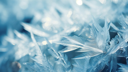 Frozen close-up ice crystals winter nature background. Cold frost seasonal arctic weather wallpaper. Beauty in nature concept.の素材