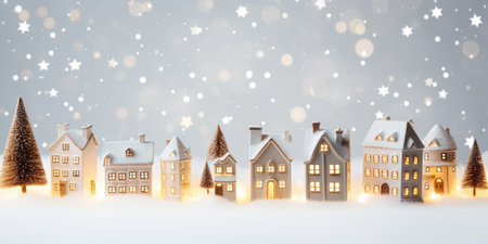 Ceramic houses cozy miniature village decoration Christmas, New Year modern copy space background. Beautiful greeting card.の素材