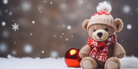 Lovely knitted toy bear cute Christmas background, copy free space. Sweet seasonal greeting card. Beautiful wallpaper.の素材