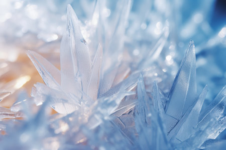 Frozen close-up ice crystals winter nature background. Cold frost seasonal arctic weather wallpaper. Beauty in nature concept.の素材