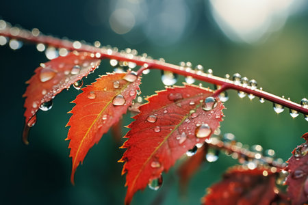 Beautiful autumn morning dew nature background. Fall closeup bright foliage with water droplets. Peaceful mood seasonal change wallpaper.の素材