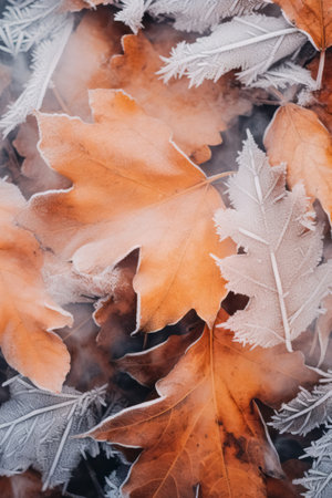 Frost covered closeup autumn leaves beautiful background. Cold weather frozen winter seasonal scene. Top view fall foliage wallpaper.の素材