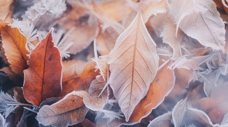 Frost covered closeup autumn leaves beautiful background. Cold weather frozen winter seasonal scene. Top view fall foliage wallpaper.の素材