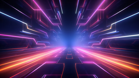 Motion speed neon light tunnel or corridor. Futuristic laser cyberspace perspective background. Virtual reality technology concept.の素材