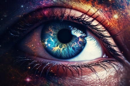 Surreal illustration of eye of universe. Galaxy vision. All-seeing eye, cosmic order, spiritual guidance, celestial protection concept.の素材