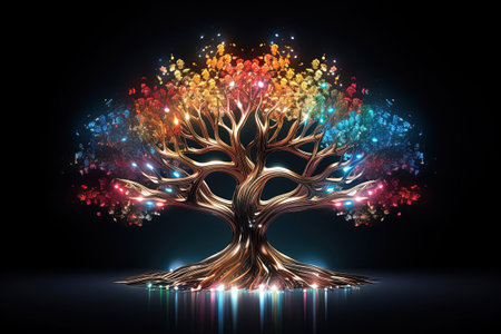 Colorful sacred spiritual Tree of Life fantasy background. Cycle of life mythological magic symbol. Spiritual healing, prosperity and growth concept.の素材