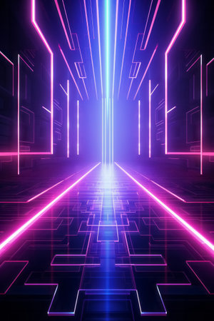 Motion speed neon light tunnel or corridor. Futuristic laser cyberspace perspective background. Virtual reality technology concept.の素材
