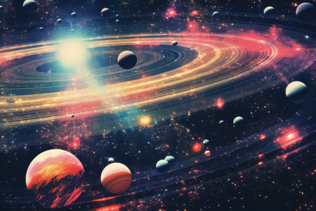 Retro collage style universe, galaxy, space background. Fantasy cosmos concept illustration. Surreal planetary atmosphere.の素材