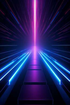 Motion speed neon light tunnel or corridor. Futuristic laser cyberspace perspective background. Virtual reality technology concept.の素材