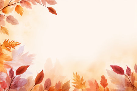 Simple aesthetic autumn inspired autumn watercolor background with leaves and nature elements. Beautiful fall seasonal backdrop with copy free space.の素材