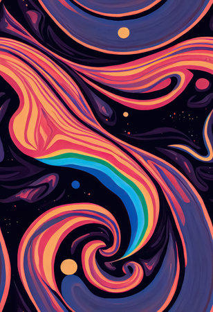 Wavy psychedelic groovy retro style futuristic cosmic background. Vintage abstract galaxy universe backdrop. Generative AIの素材