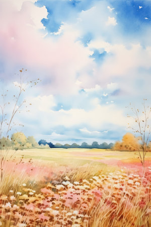 Simple watercolor autumn landscape scenery. Beautiful nature fall season countryside rural background. Peaceful and idyllic environment.の素材