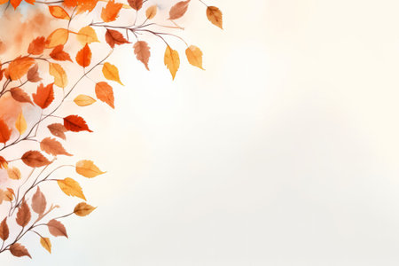 Simple aesthetic autumn inspired autumn watercolor background with leaves and nature elements. Beautiful fall seasonal backdrop with copy free space.の素材