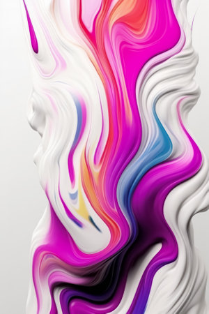 Abstract modern white and neon colors liquid wavy acrylic paint background. Trendy dynamic volumetric design. Generative AI.の素材