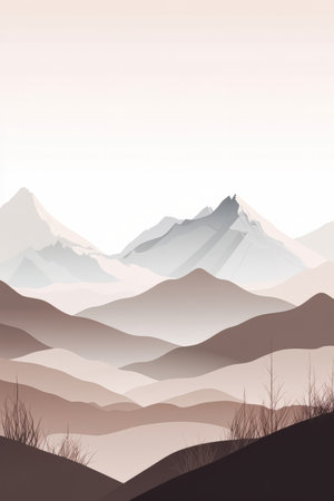 Flat style abstract minimalistic aesthetic mountains landscape background. Trendy graphic design backdrop. White and greys color shades.の素材