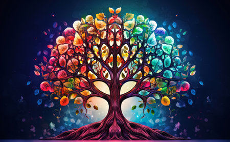 Colorful sacred spiritual Tree of Life fantasy background. Cycle of life mythological magic symbol. Spiritual healing, prosperity and growth concept.の素材