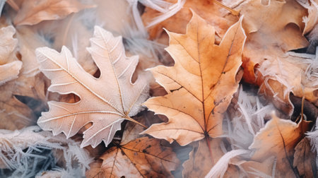 Frost covered closeup autumn leaves beautiful background. Cold weather frozen winter seasonal scene. Top view fall foliage wallpaper.の素材