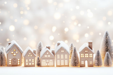 Ceramic houses cozy miniature village decoration Christmas, New Year modern copy space background. Beautiful greeting card.の素材
