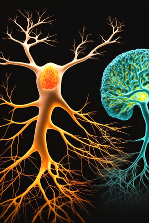 Neuron network brain cells. Human nervous system and brain activity concept. Medicine, biology, neuroscience background. Generative AIの素材