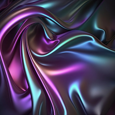 Dark iridescent rainbow colors abstract shiny plastic silk or satin wavy background. Luxurious and glamorous trendy design. Generative AI.の素材