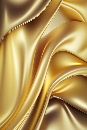 Gold iridescent colors abstract shiny plastic silk or satin wavy background. Luxurious and glamorous trendy design. Generative AI.の素材
