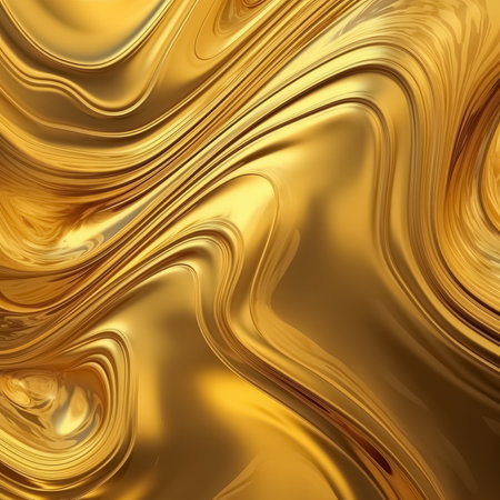 Abstract golde wavy background. Metallic dynamic design. Viscous gold liquid texture. Generative AI.の素材