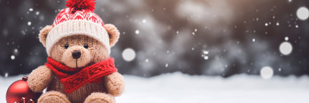 Lovely knitted toy bear cute Christmas background, copy free space. Sweet seasonal greeting card. Beautiful wallpaper.の素材