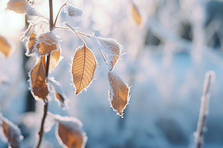 Beautiful winter morning nature closeup elements background. Cold weather frosty seasonal landscape. Aesthetic wallpaper.の素材