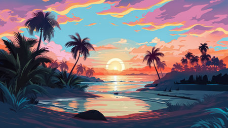 Summer tropical beach landscape. Exotic paradise beachside on sunset. Travel and vacation background.の素材