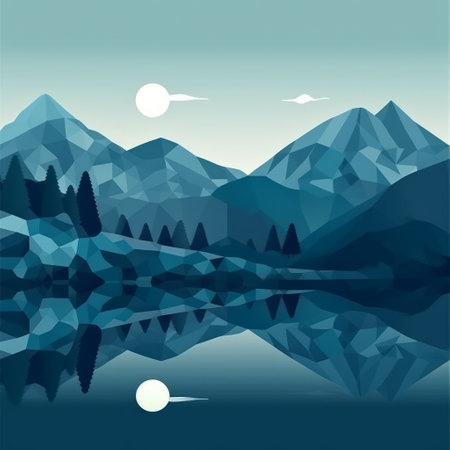 Flat style abstract minimalistic aesthetic mountains landscape background. Trendy graphic design backdrop. Blue color shades.の素材