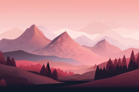 Flat style abstract minimalistic aesthetic mountains landscape background. Trendy graphic design backdrop. Pink color shades.の素材