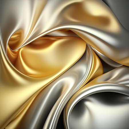 Gold silver abstract shiny plastic silk or satin wavy background. Luxurious and glamorous trendy design. Generative AI.の素材
