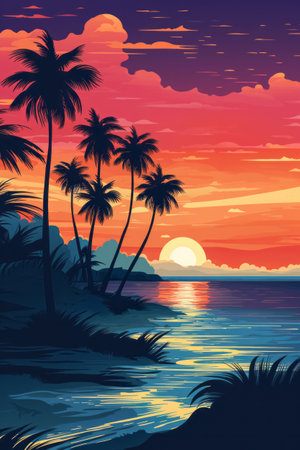 Summer tropical beach landscape. Exotic paradise beachside on sunset. Travel and vacation background.の素材