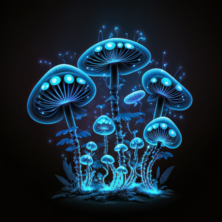 Fantasy illustration of neon color glowing magic mushrooms. Psychedelic trippy luminous background. Shamanic and spiritual concept. Generative AIの素材