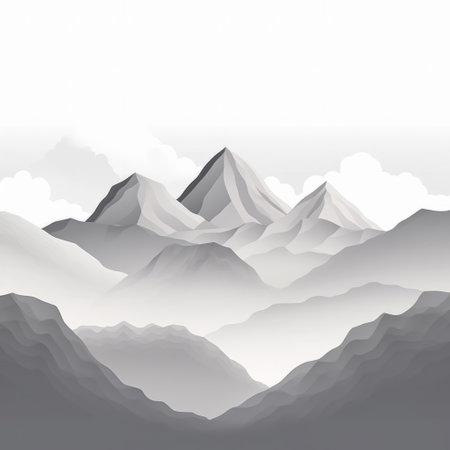 Flat style abstract minimalistic aesthetic mountains landscape background. Trendy graphic design backdrop. White and greys color shades.の素材