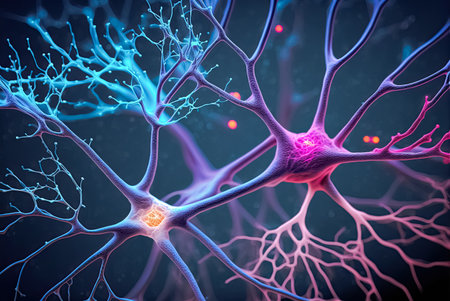 Neuron network brain cells. Human nervous system and brain activity concept. Medicine, biology, neuroscience background. Generative AIの素材